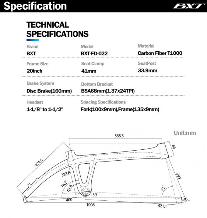 BXT Carbon Folding Bike Frame And Fork Carbon Fiber 3K Weave Frameset